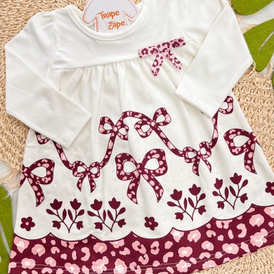  Vestido Manga Longa Lacinhos de Oncinha - Off White e Bordo